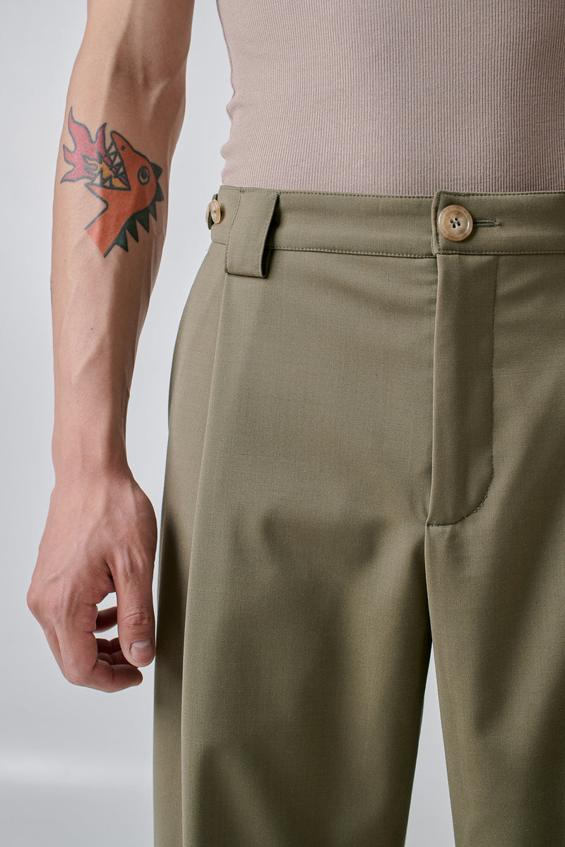 Trousers Pleated Virgin Wool Blend, Olive